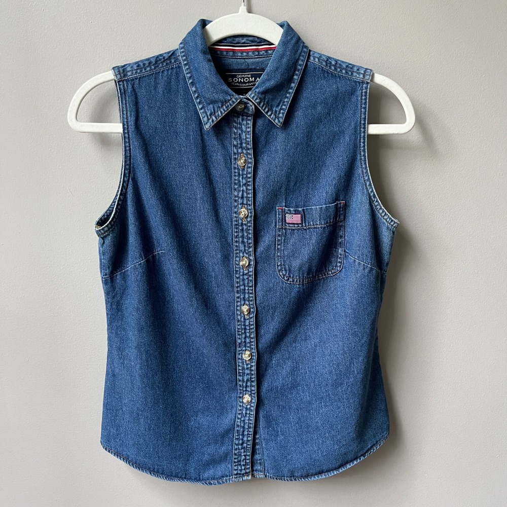 Vintage Chambray Top Women's Small Blue American Flag Patch Preppy 90s Cottage